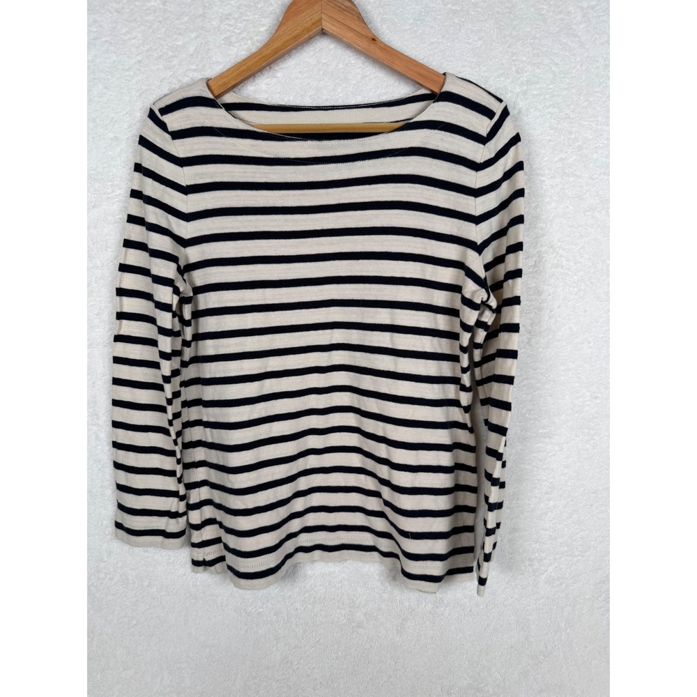 Loft Top Women Medium Cream Navy Blue Striped Long Sleeve Boat Neck Cotton